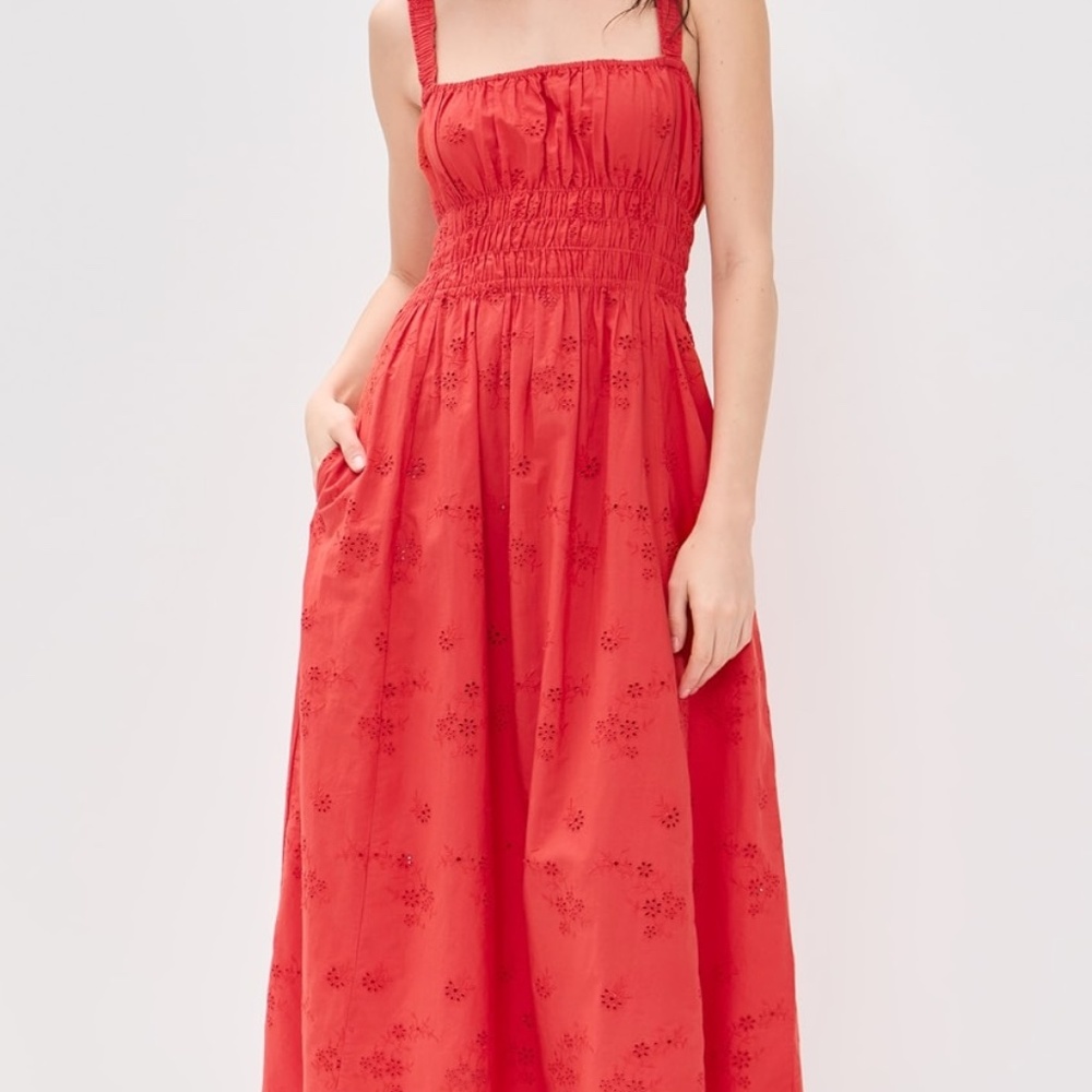 Red Midi Sundress with Smocked Bodice